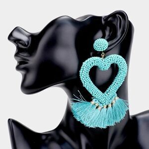 Seed Bead Heart Blue Tassel Earrings
